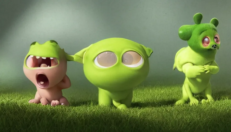 Image similar to very very very cute green baby animals by Max Kostenko and Bobby Chiu, disney, pixar, MPC, Framestore, character design for animation, uplight, a lineup of characters, big disney eyes, symmetrical yellow eyes, cuteness, 3d render, octane rendered, highly detailed, cinematic lightning, rendered by maya and houdini, highly detailed, unreal engine, Trending on Artstation, octane render, 4k, 8k, HD, oil on Canvas by Elena Zhurikhina and Goro Fujita and Charlie Bowater