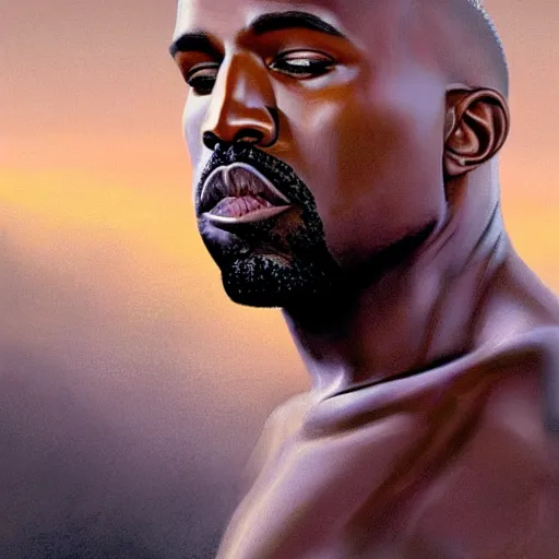 Image similar to winking kanye west as jesus closeup portrait, dramatic light, lake background, 2 0 0 mm focal length, painted by stanley lau, painted by greg rutkowski, painted by stanley artgerm, digital art, trending on artstation