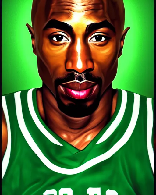 Image similar to portrait of tupac shakur, boston celtics jersey number 3 4, green, white, cartoon digital art, oil on canvas, trending on artstation, octane render