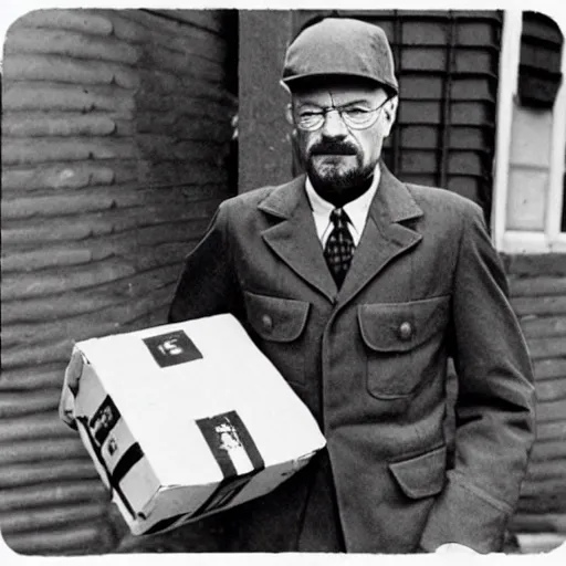 Image similar to Walter White during world war delivering amazon packages, vintage photographs