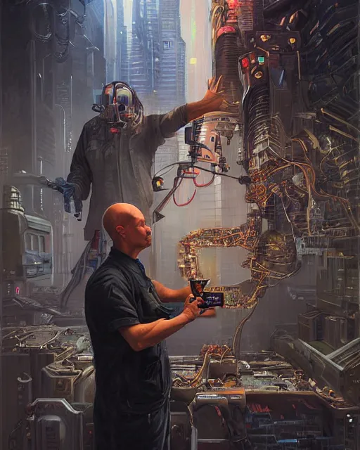 Image similar to a painting of a man holding a machine in his hands, cyberpunk art by jason edmiston and by michael komarck and by jarosław jasnikowski, cgsociety, neoplasticism, lovecraftian, future tech, circuitry