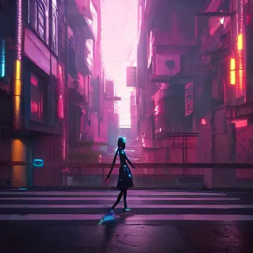 Image similar to a beautiful picture of a girl walking in a cyberpunk street by aurahack and greg rutkowski, low angle shot, cinematic, colorful, trending on artstation