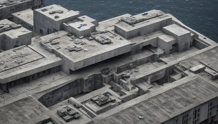 Image similar to big brutalist imperial military base on cliffs, drawing architecture,, greig fraser, very long shot, top angle, imperial architecture in rogue one, pritzker architecture prize, brutalism architecture, jan urschel