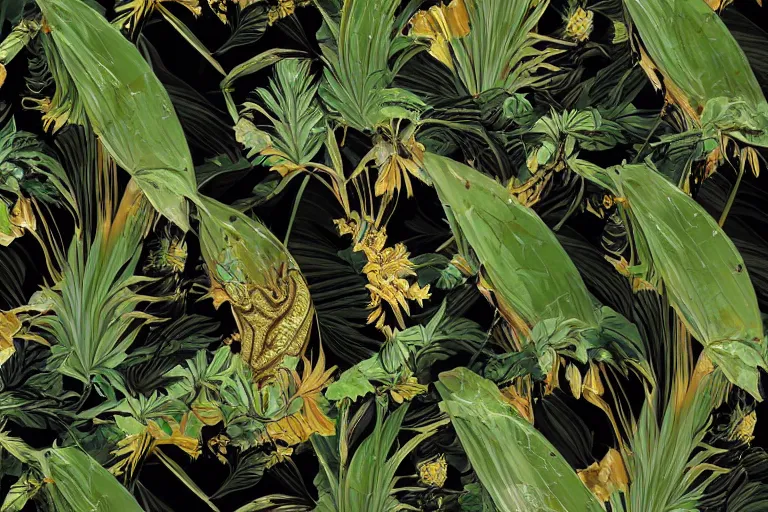 Image similar to photorealistic print of exotic, elegant tropical prints, isolated in a black background : : green surreal plants, golden flowers, art nouveau, trending on artstation