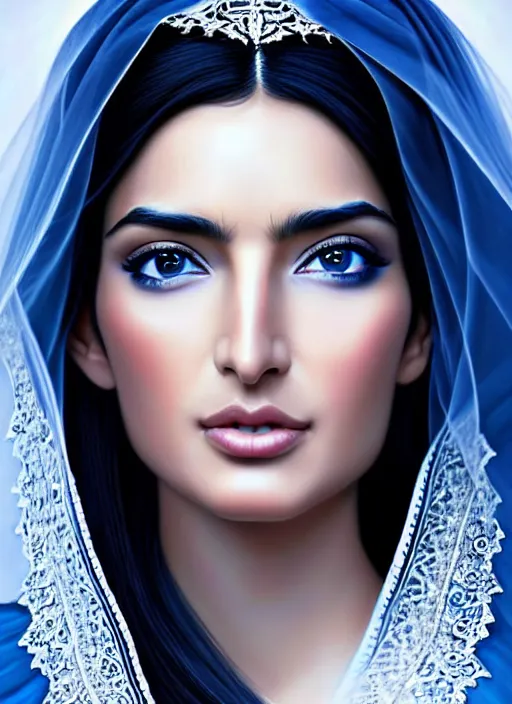 Image similar to beautiful ameera al taweel, bright blue eyes, long wavy black hair, white veil, in the style of stefan kostic, realistic, sharp focus, 8k high definition, insanely detailed, intricate, elegant, art by stanley lau and artgerm