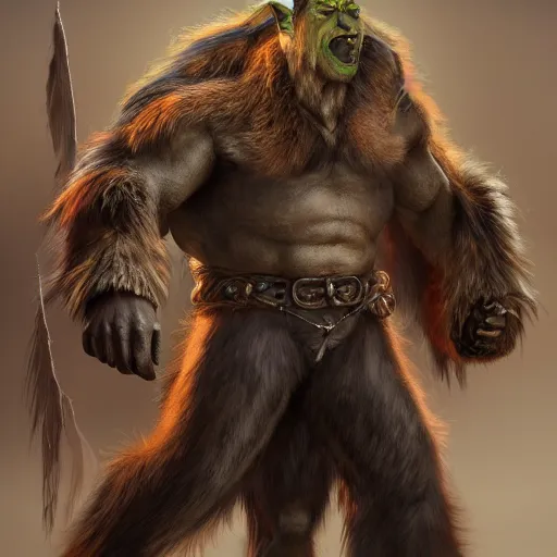 Image similar to A full body shot of a handsome orc looking into the camera wearing a fur jacket and boots, full body shot, artstation, realistic, highly detailed, symmetrical, hyper realism, high detail, octane render, unreal engine, 8k, fantasy art, intricate, highly detailed, concept art, art by artgerm