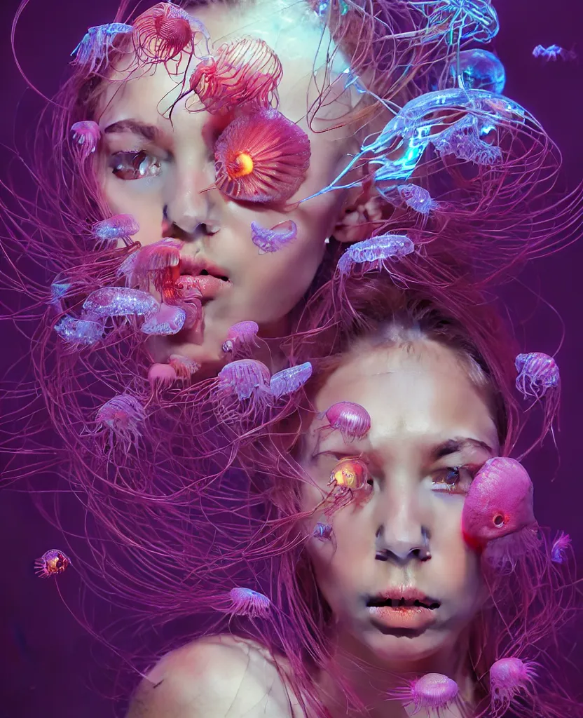 Image similar to beautiful female close-up portrait. orchid jellyfish, deep angler fish, phoenix head, nautilus, skull, betta fish, bioluminiscent creatures, intricate artwork by Tooth Wu and wlop and beeple. octane render, trending on artstation, greg rutkowski, xsullo, very coherent symmetrical artwork. cinematic, hyper realism, high detail, octane render, 8k