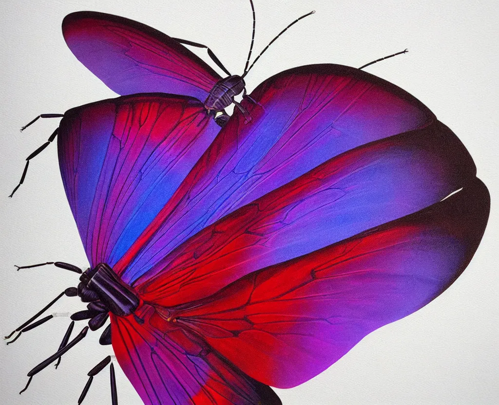 Prompt: beautiful matte airbrush of a fantasy bug insect wing on a white background, inspired by 8 0's airbrush illustrations, purple red and blue color palette, art by pater sato