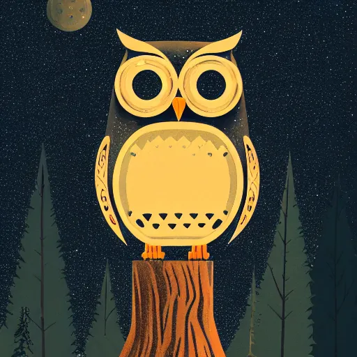 Prompt: mechanical owl inside a hole in a tree, red eyes glowing, night sky with full of stars, in the middle of forest, illustration, 2 d style, hand drawn, realistic style, futuristic, cinematic lighting, high key lighting, high contrast, golden ratio