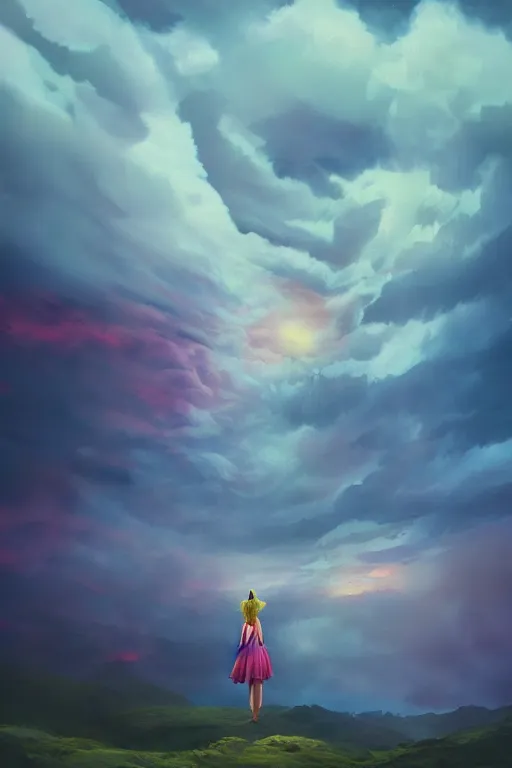 Image similar to closeup giant dahlia flower over the head, girl standing on mountain, surreal photography, blue storm clouds, dramatic light, impressionist painting, digital painting, artstation, simon stalenhag