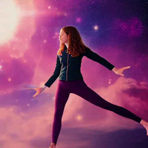 Prompt: hermione granger as yoga instructor in space, trending high quality art station, cinematic shot, magical colors and atmosphere, perfect composition, coherent, 8 k
