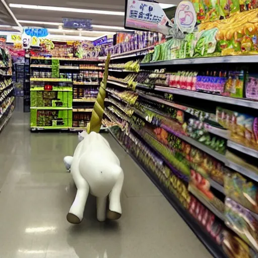 Image similar to a unicorn rampaging through a supermarket