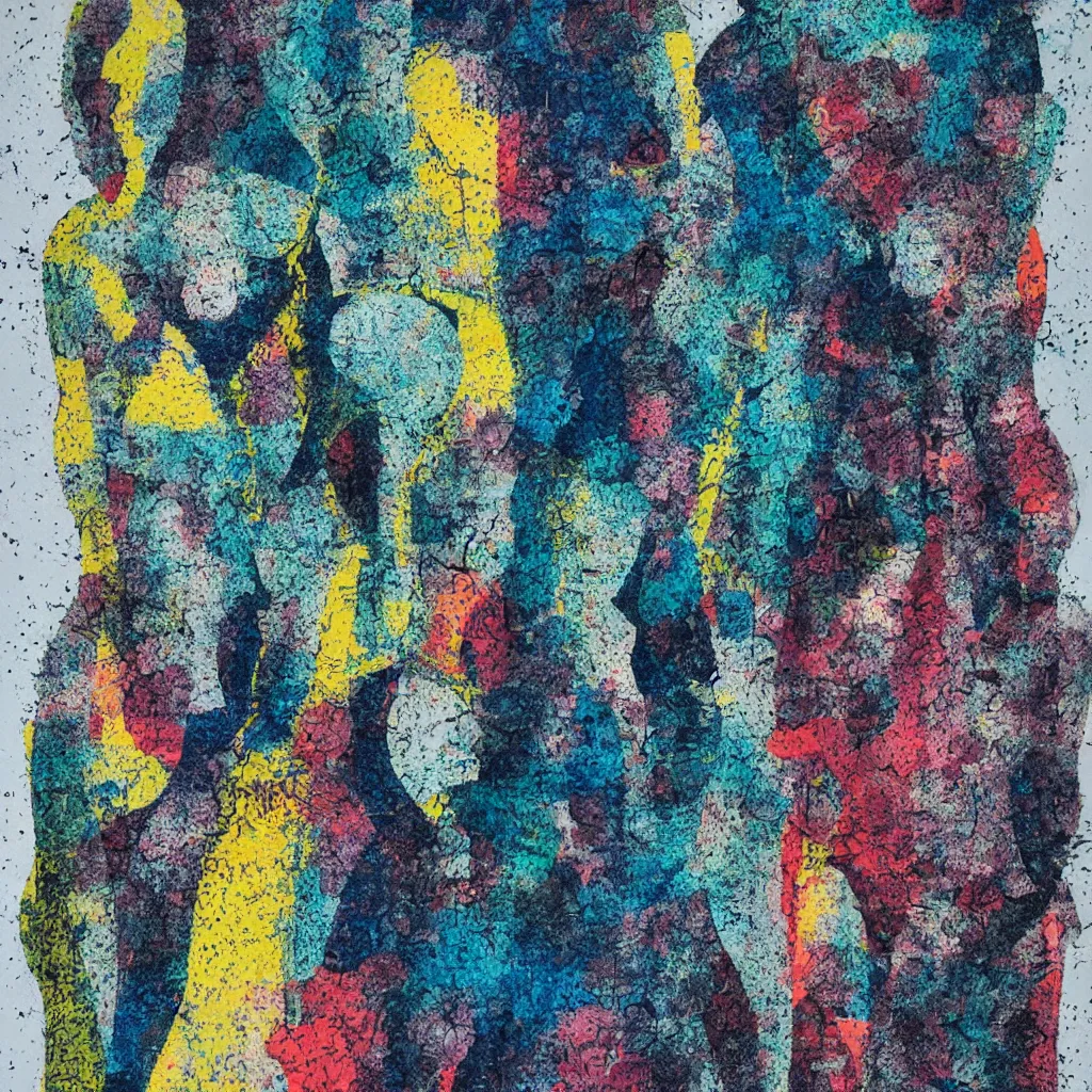 Image similar to two human figures anxiety, smiling, abstract, maya bloch artwork, ivan plusch artwork, cryptic, lines, stipple, dots, abstract, geometry, splotch, concrete, color tearing, uranium, acrylic, hints of color, pitch bending, faceless people, dark, ominous, eerie, minimal, points, technical, painting