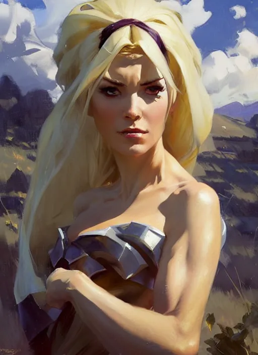 Prompt: greg manchess painting of syndra from league of legends, countryside, calm, fantasy character portrait, dynamic pose, above view, sunny day, thunder clouds in the sky, artwork by jeremy lipkin and giuseppe dangelico pino and michael garmash and rob rey, very coherent asymmetrical artwork, sharp edges, perfect face, simple form, 1 0 0 mm