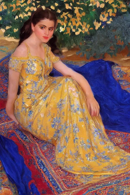 Image similar to gorgeous iranian girl waer detailed golden blue dress lay down on a detailed persian carpet a big tree palm persian pot, painting by john singer sargent