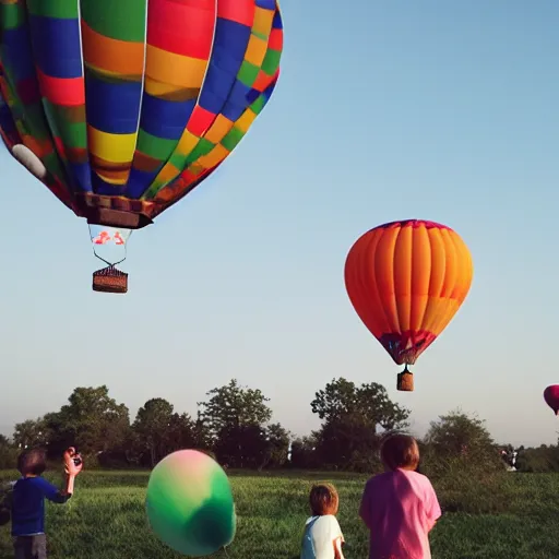 Prompt: balloons flying in the sky, all of them are different colors, and you can see kids'hands with slap bracelets on them