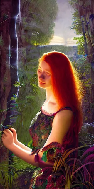 Image similar to young woman, smiling amazed of firefly lights, full covering intricate detailed dress, amidst nature, long red hair, precise linework, accurate green eyes, small nose with freckles, beautiful oval shape face, empathic, expressive emotions, dramatic lights, hyper realistic ultrafine art by artemisia gentileschi, jessica rossier, boris vallejo