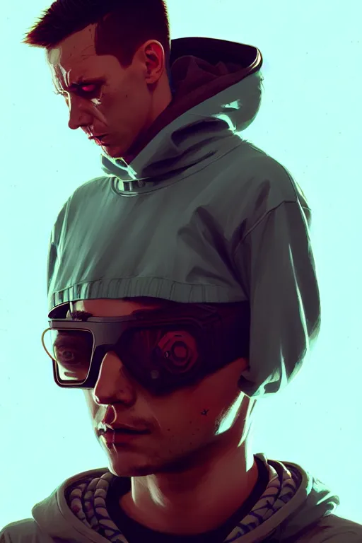 Image similar to cyberpunk synth, hyper - realistic portrait of a man in a hoodie, cyberpunk, by atey ghailan, by greg rutkowski, by greg tocchini, by james gilleard, by joe fenton, by kaethe butcher, dynamic lighting, gradient light blue, brown, blonde cream and white color scheme, grunge aesthetic