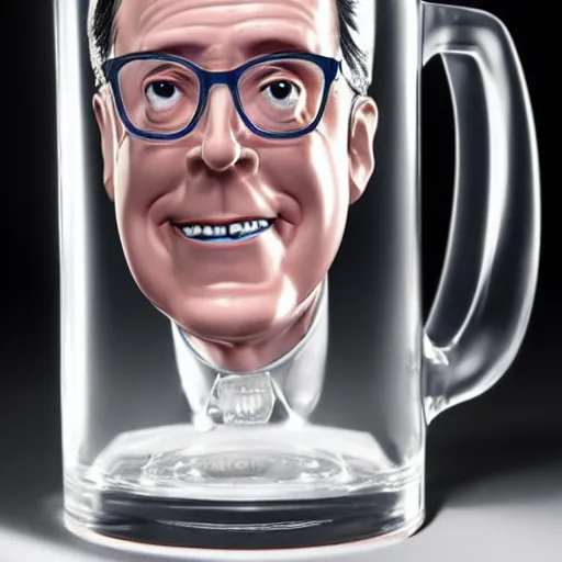 Prompt: stephen colbert face in a clear beer stein, 8 k, ultra realistic details