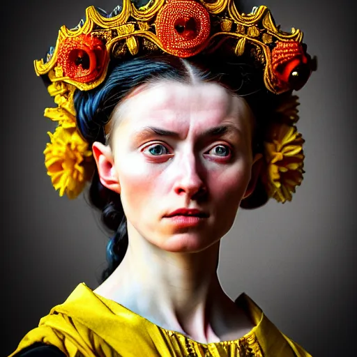 Prompt: Colour Caravaggio style Photography of Highly detailed beautiful Woman with 1000 years perfect face and wearing detailed Ukrainian folk costume designed by Taras Shevchenko also wearing highly detailed retrofuturistic Tiara designed by Josan Gonzalez. Many details In style of Josan Gonzalez and Mike Winkelmann and andgreg rutkowski and alphonse muchaand and Caspar David Friedrich and Stephen Hickman and James Gurney and Hiromasa Ogura. Rendered in Blender and Octane Render volumetric natural light