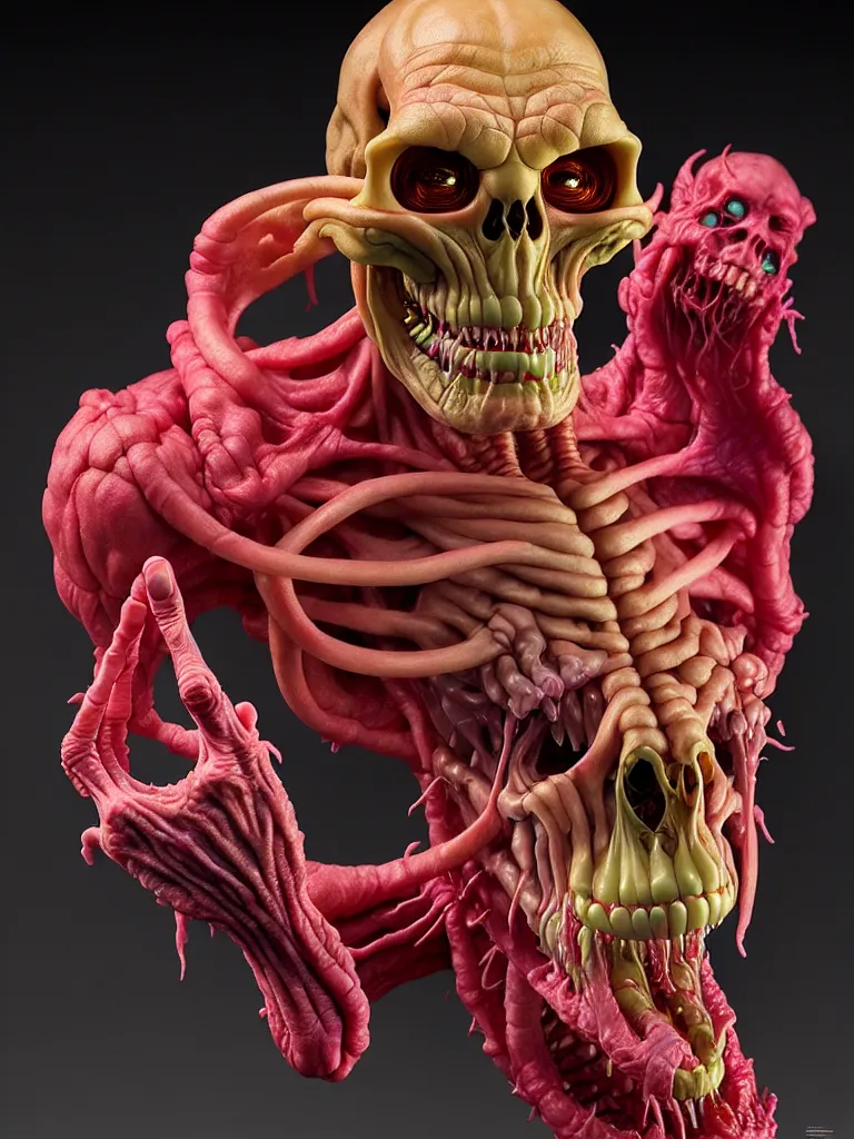 Image similar to hyperrealistic rendering, fat smooth cronenberg flesh monster skeletor by donato giancola and greg rutkowski and wayne barlow and zdzisław beksinski, product photography, action figure, sofubi, studio lighting, colored gels