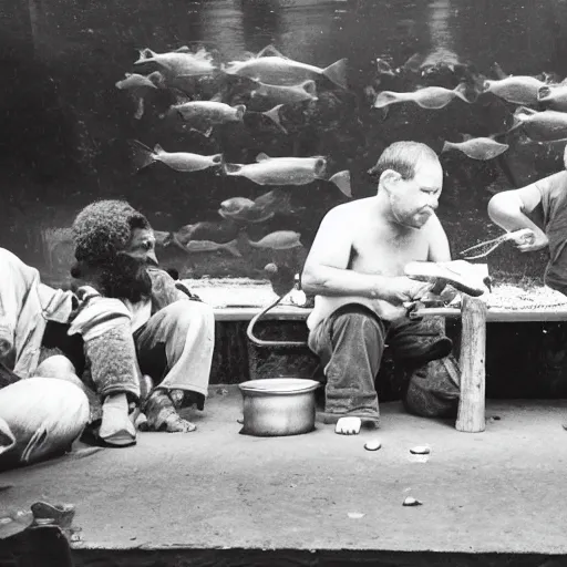 Prompt: hobos eating fish from aquarium, black and white, old photo, realistic