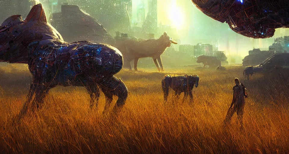 Prompt: distant cyberpunk wildlife on the african plains, long grass, sparkling water, glistening, hyper realistic, hyper detailed, digital art, trending in artstation, cinematic lighting, studio quality, smooth render, unreal engine 5 rendered, octane rendered, by paul lehr