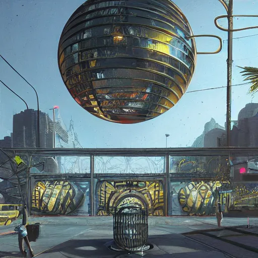 Prompt: painting of syd mead artlilery scifi parametric dome with ornate metal work lands on a sidewalk, filigree ornaments, volumetric lights, simon stalenhag