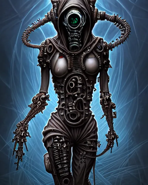 Image similar to front shot of a cyberpunk hooded dead biomechanical demon in gasmask mastermind character, intricate, elegant, highly detailed, centered, (((artstation, concept art, smooth, sharp focus, artgerm, Tomasz Alen Kopera, Peter Mohrbacher, donato giancola, Joseph Christian Leyendecker, WLOP, Boris Vallejo))), mugshot!!!!!, ugly!!!!!!, octane render, nvidia raytracing demo, grainy, muted