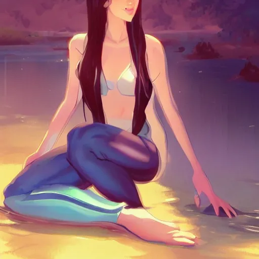 Image similar to fantasy woman girl kneeling in a pond miss attractive eye catching official fanart behance hd artstation by Rossdraws and Jesper Ejsing, by Makoto Shinkai and Lois van baarle, ilya kuvshinov, mystic, dreaming