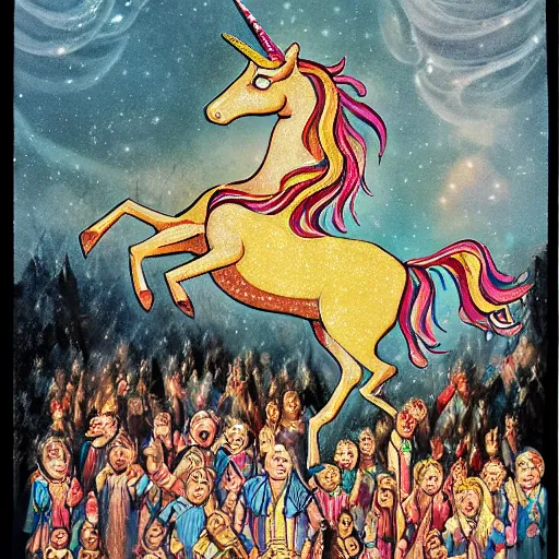 Prompt: The assemblage features a pantomime unicorn onstage, surrounded by a group of children who are clapping and cheering. The unicorn is wearing a sparkly costume and has a long, flowing mane. Its horn is glittering and its eyes are wide open, as if it is enjoying the performance. alamy by Anato Finnstark frightful, calm