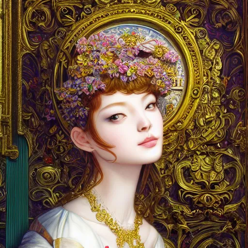 Image similar to a masterpiece ultradetailed art of a beautiful girl plaing computer baroque renaissance. medium shot, intricate, elegant, highly detailed, by stanley artgerm lau, wlop, rossdraws, james jean, andrei riabovitchev, marc simonetti, background by james jean and gustav klimt, light by julie bell, 4 k, porcelain skin.