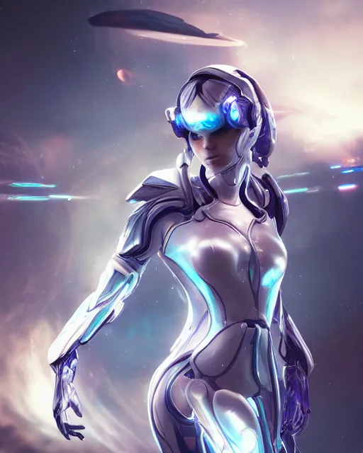 Image similar to perfect android girl on a mothership, warframe armor, beautiful face, scifi, futuristic, galaxy, nebula, raytracing, dreamy, long white hair, blue cyborg eyes, sharp focus, cinematic lighting, highly detailed, artstation, innocent, art by gauthier leblanc, kazuya takahashi, huifeng huang