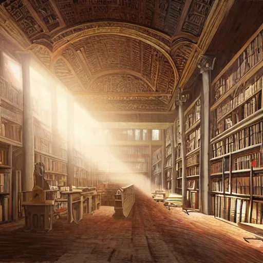 Prompt: ancient enormous library, sunlight shadows, lot of books, painting, concept art