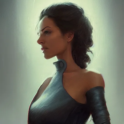 Image similar to Portrait of a woman by Greg Rutkowski, she is about 30 years old, mulato, wavy hair, attractive and beautiful, wifey material, she is wearing a futuristic lawyer outfit, highly detailed portrait, scifi, digital painting, artstation, concept art, smooth, sharp foccus ilustration, Artstation HQ