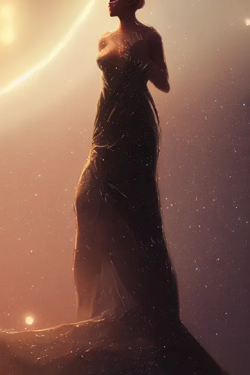 Image similar to a woman, wearing a dress made of stars, volumetric lighting, planets in the background, smooth, sharp focus, very detailed, by greg rutkowski, artstation, tom badshaw, 8 k, symmetrical face