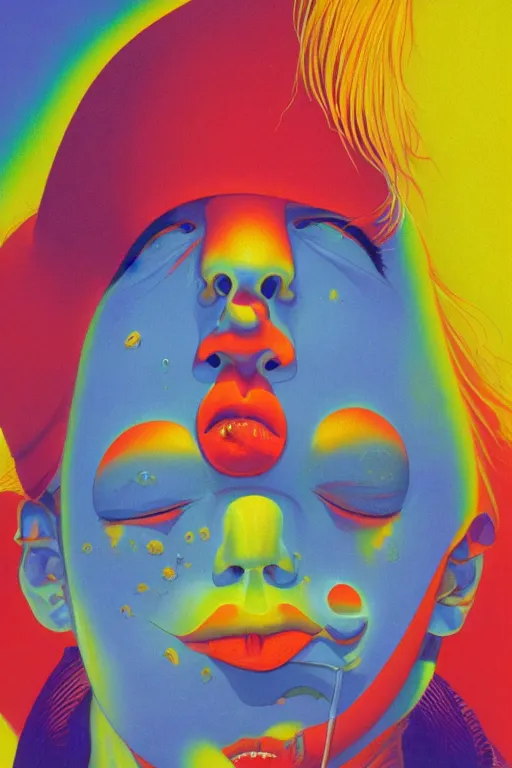 Prompt: a colorful vibrant closeup portrait of a glam makeup licking a tab of lsd acid on his tongue and dreaming psychedelic hallucinations, by kawase hasui, moebius, edward hopper and james gilleard, zdzislaw beksinski, steven outram colorful flat surreal design, hd, 8 k, artstation