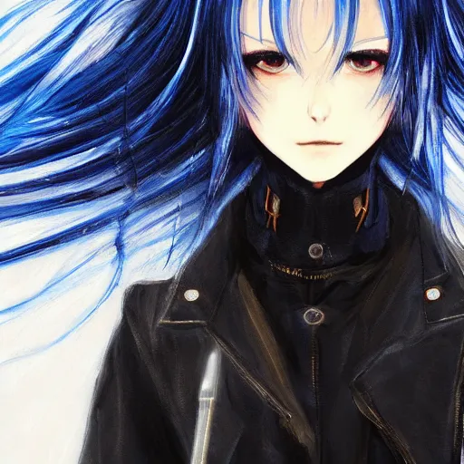 Image similar to full face shot of rimuru tempest, sky blue straight hair, long bangs, with amber eyes, wearing a fancy black jacket, high collar, ultra detailed, brush strokes, digital painting, cinematic, wlop artstation, closeup, pixiv, intense, intimidating glare, photorealistic, overpowering, andy warhol,