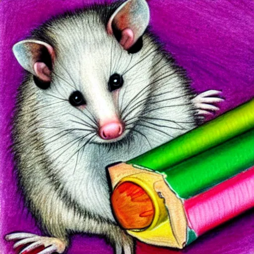 Prompt: an opossum holds up a child's crayon drawing, hd digital photography of an opossum