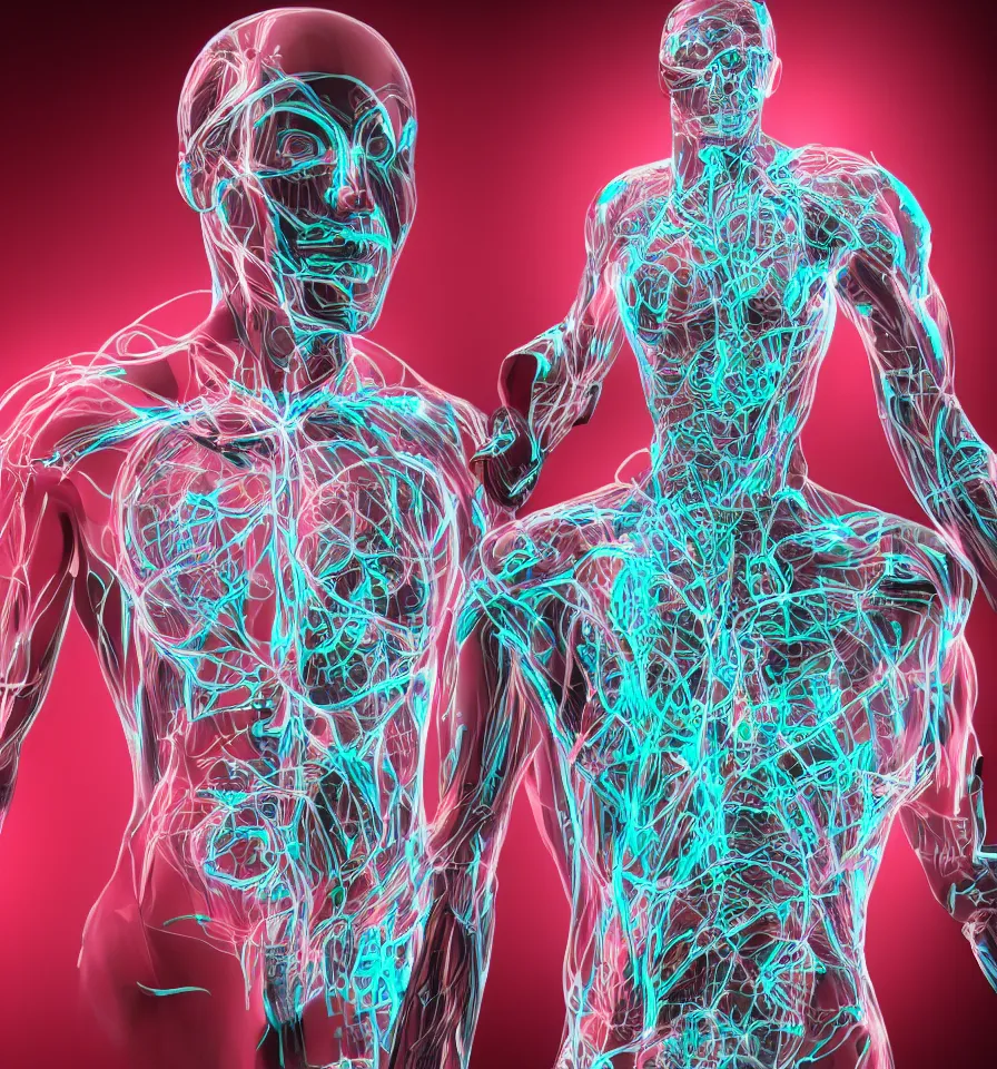 Prompt: futuristic high - tech anatomically correct human cyborg with rgb veins