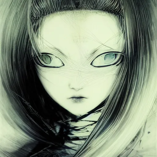 Image similar to yoshitaka amano blurred and dreamy illustration of an anime girl with bandage on the eyes, wavy white hair and cracks on her face near eyes wearing elden ring armour with the cape fluttering in the wind, abstract black and white patterns on the background, noisy film grain effect, highly detailed, renaissance oil painting, weird portrait angle