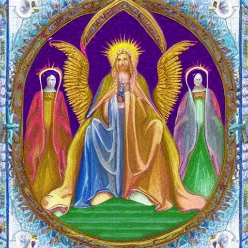 Prompt: photo of an intricately detailed representation of a accurate divine heavenly throne on a road of brilliant gemstone surround by epic angels. Colored graphite blended with colored oils miniature on vellum.