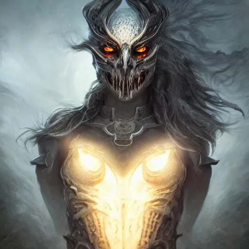 Prompt: a haunting ghast warrior, photo, professionally retouched, dramatic lighting, wearing bone armor, illuminated by moonlight, realistic, scared face, demonic, predator eyes, wide angle, sharp focus on eyes, 8 k high definition, insanely detailed, intricate, elegant, art by artgerm and wlop