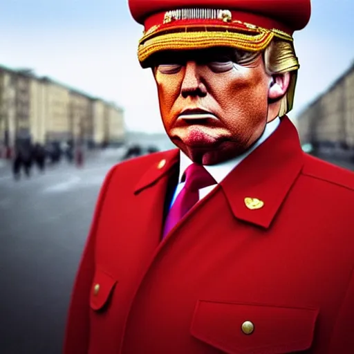 Image similar to donald trump wearing a soviet uniform, red background, in st. petersburg, photorealistic, detailed