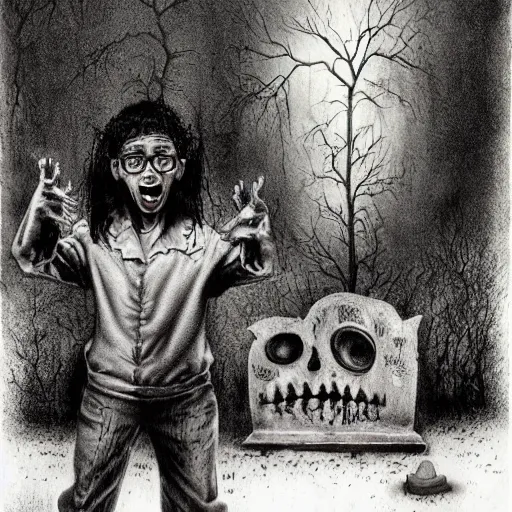 Prompt: Steve Urkel scared in a graveyard, creepy, spooky, horror, ink, illustration, Stephen Gammell