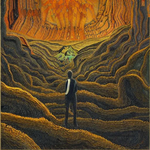 Image similar to a painting of a man standing in front of a cave, a surrealist painting by nikolai astrup, deviantart, psychedelic art, lovecraftian, cosmic horror, poster art