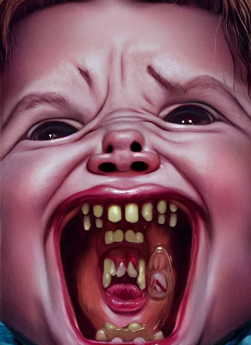 Prompt: twin peaks movie poster art, portrait of chucky doll screaming, from scene from twin peaks, clean, simple illustration, nostalgic, domestic, highly detailed, digital painting, artstation, concept art, smooth, sharp focus, illustration, artgerm, donato giancola, joseph christian leyendecker, wlop