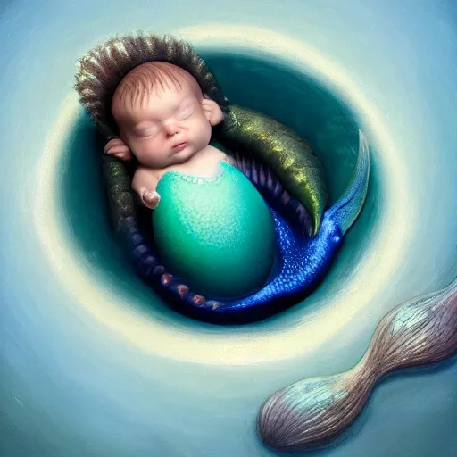 Image similar to a baby mermaid sleeping in an cracked egg, ultrarealistic, dramatic lighting, high details, 4 k, 8 k, best, accurate, trending on artstation, artstation, photorealism, ultrarealistic, digital painting, fantasy art