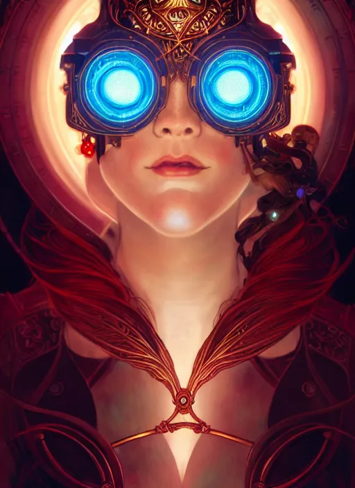 Image similar to the goddess artemis smirking, steampunk, glowing eyes, volumetric lights, red and cyan theme, art nouveau botanicals, intricate, highly detailed, digital painting, artstation, concept art, smooth, sharp focus, cinematic, illustration, beautiful face, art by artgerm and greg rutkowski and alphonse mucha