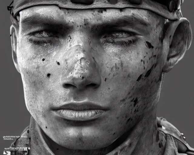 Image similar to A soldier in despair in a world war 1 trench, close-up, realistic face, beautiful face detail, black and white, amazing digital art, hyper detailed, artstation, in the style of Tony Sart